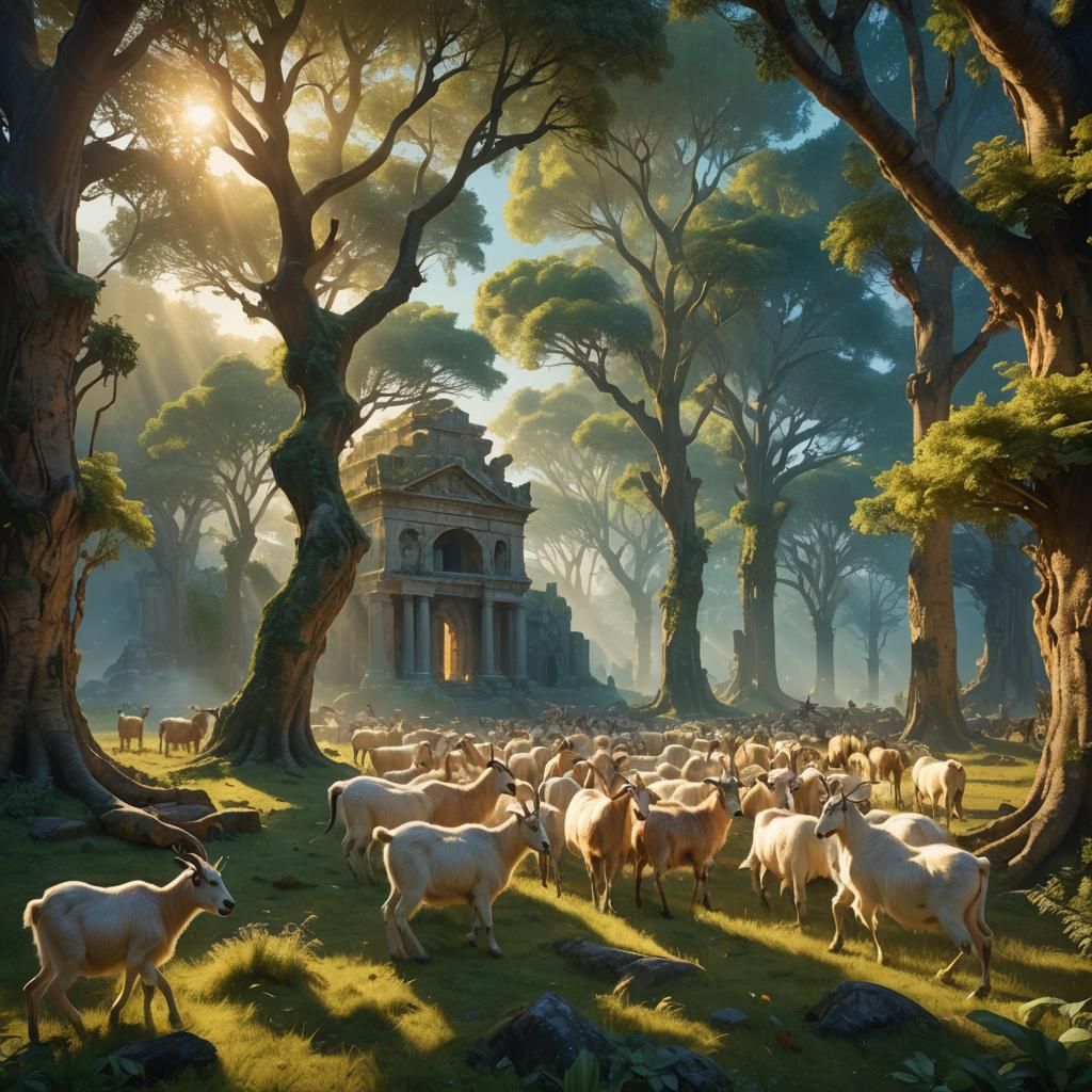Lush Meadow: Goats in a Fantasy Landscape
