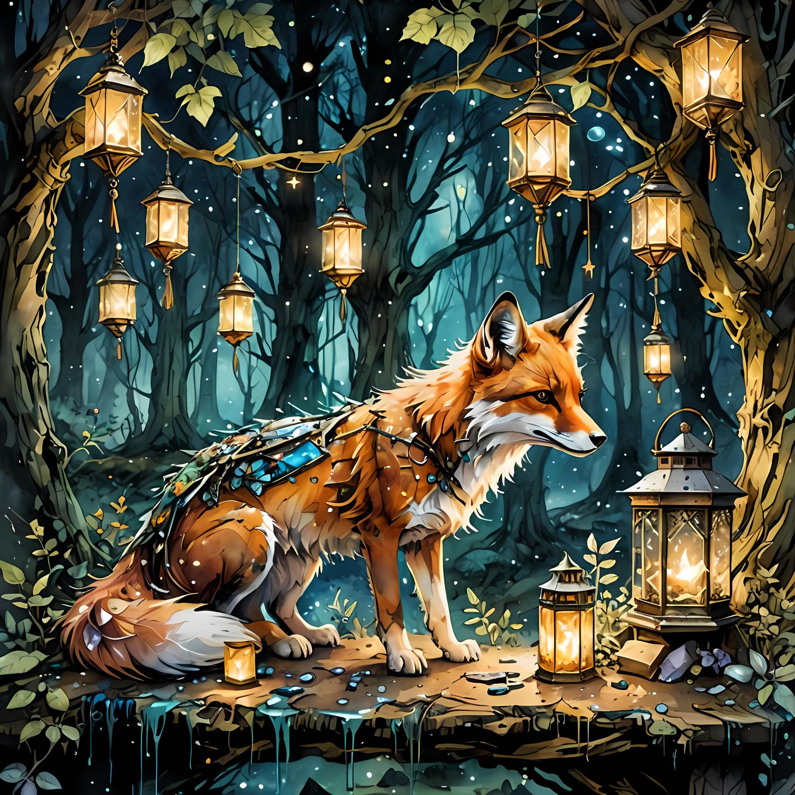 Cyborg Crystal Fox in Magical Forest Tavern