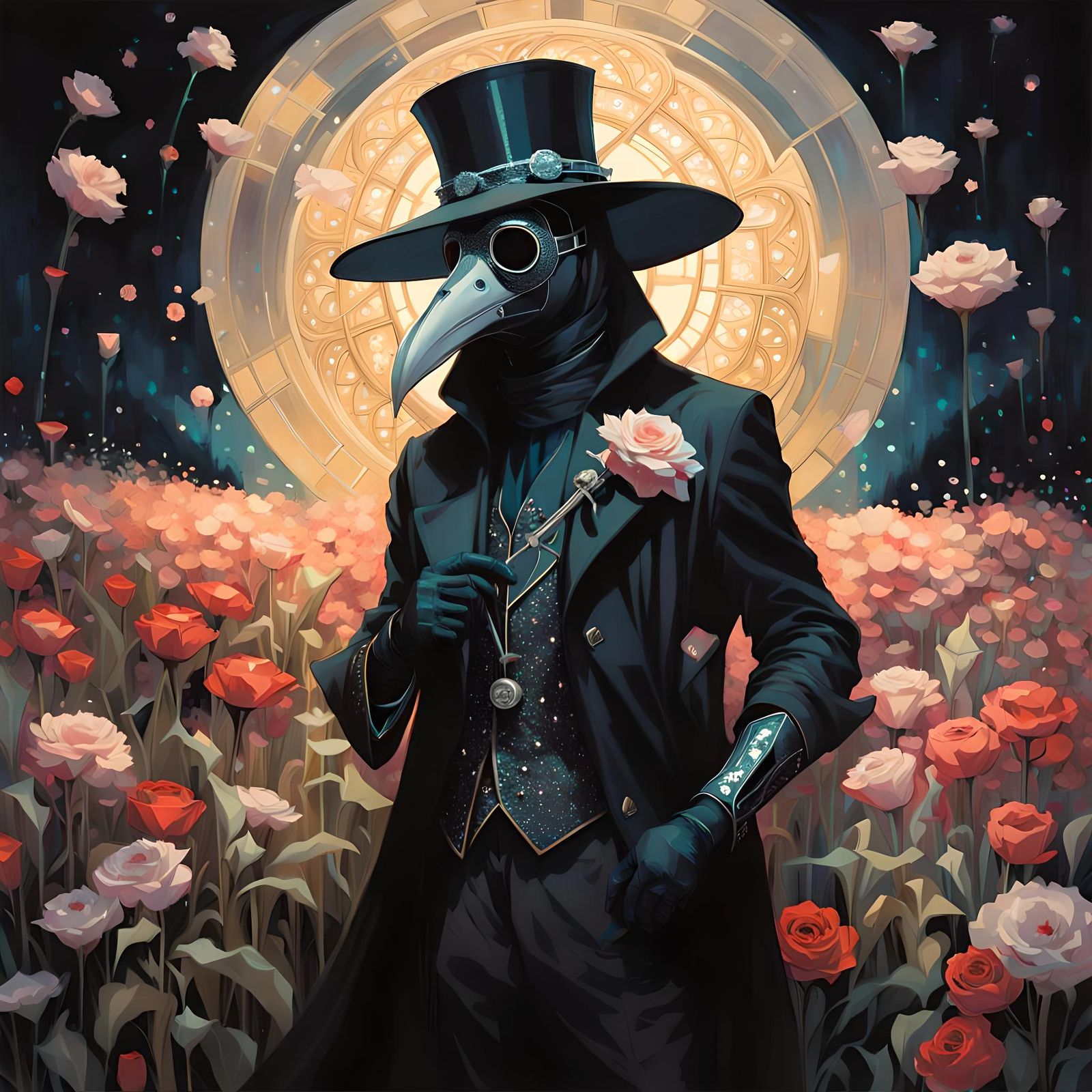 Plague Doctor in Blooming Field, Digital Art