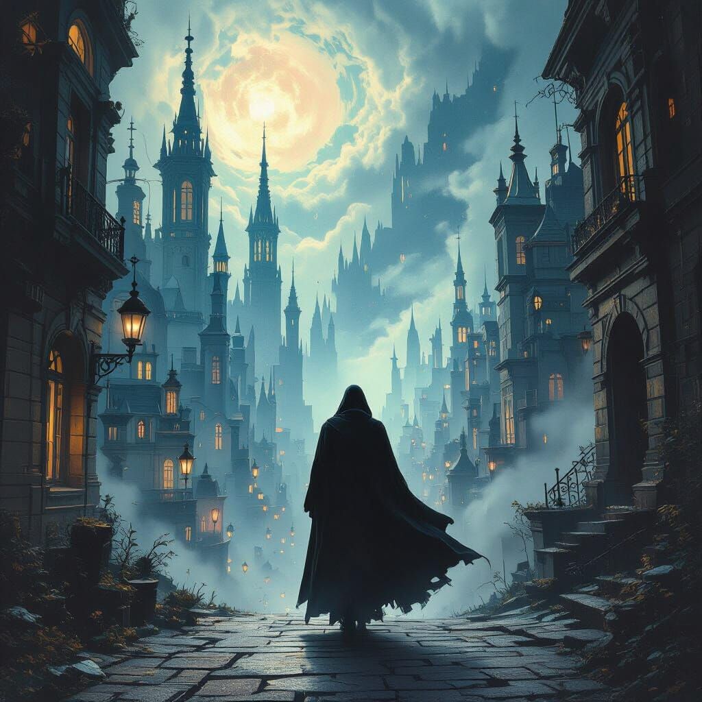 Mysterious Vampire in Surreal Cityscape with Bending Gravity