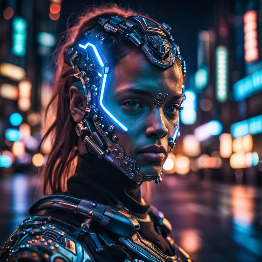 Cyborg Girl Portrait in Neon Cityscape