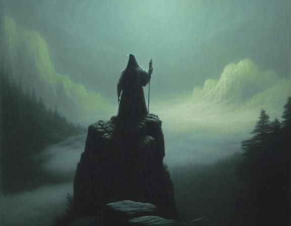 Wizard on Rocky Promontory in Gothic Style