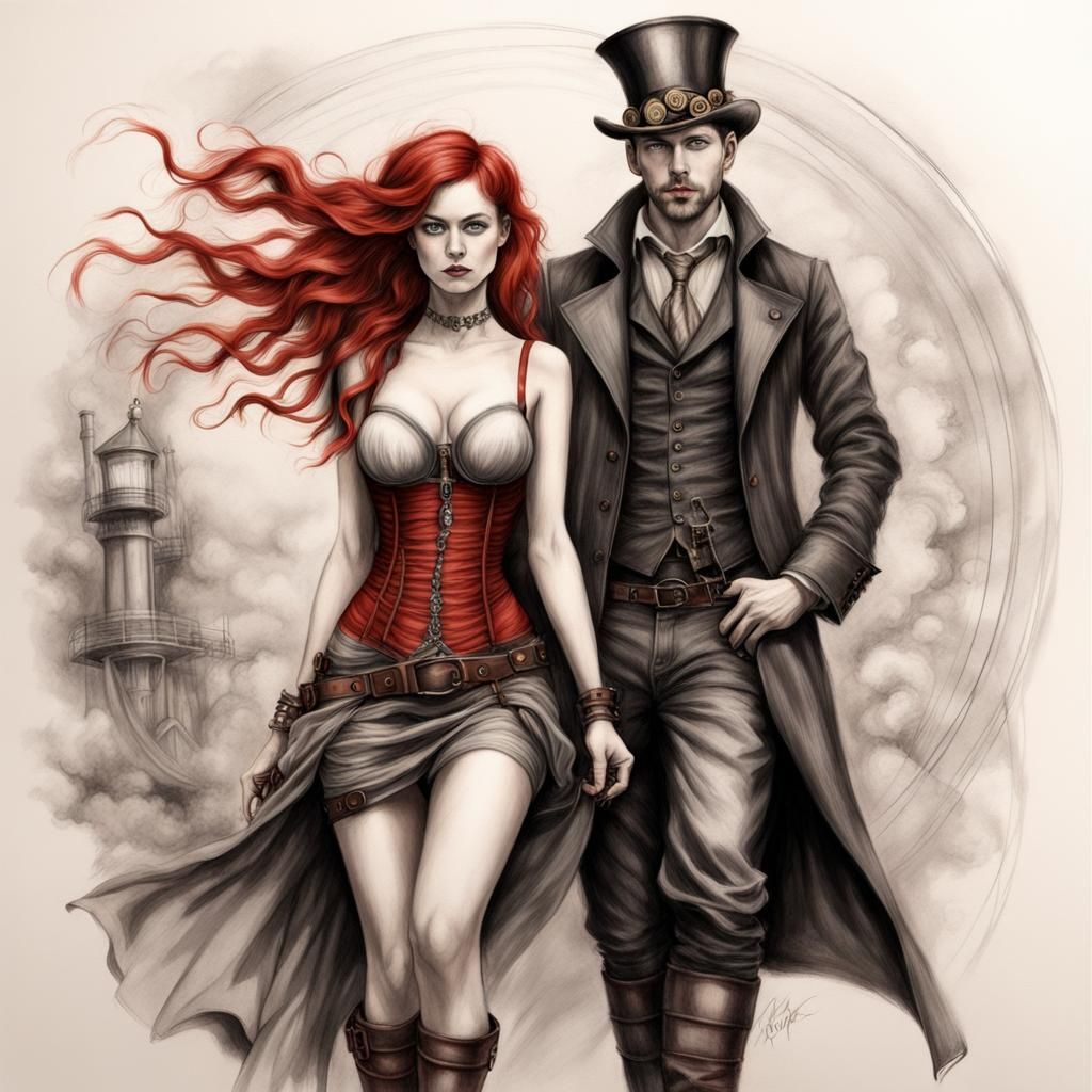 Steampunk Couple in Charcoal Drawing