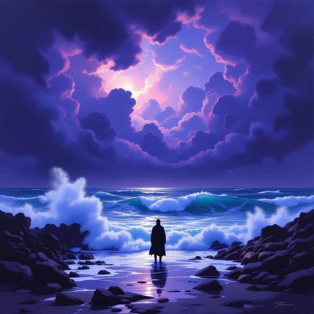 Solitary Figure Facing Turbulent Ocean Under Dramatic Purple...