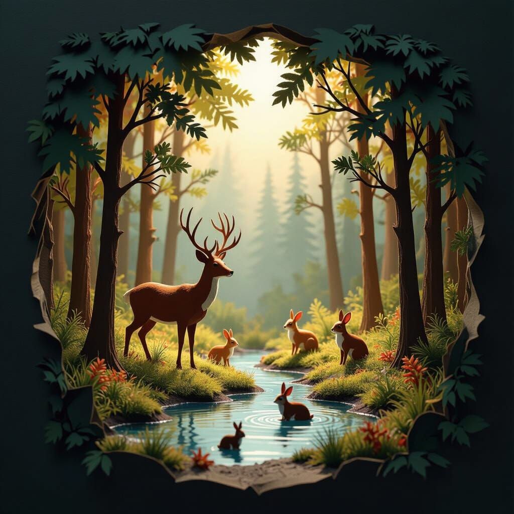 Forest Diorama with Wildlife in Paper Cutout Style