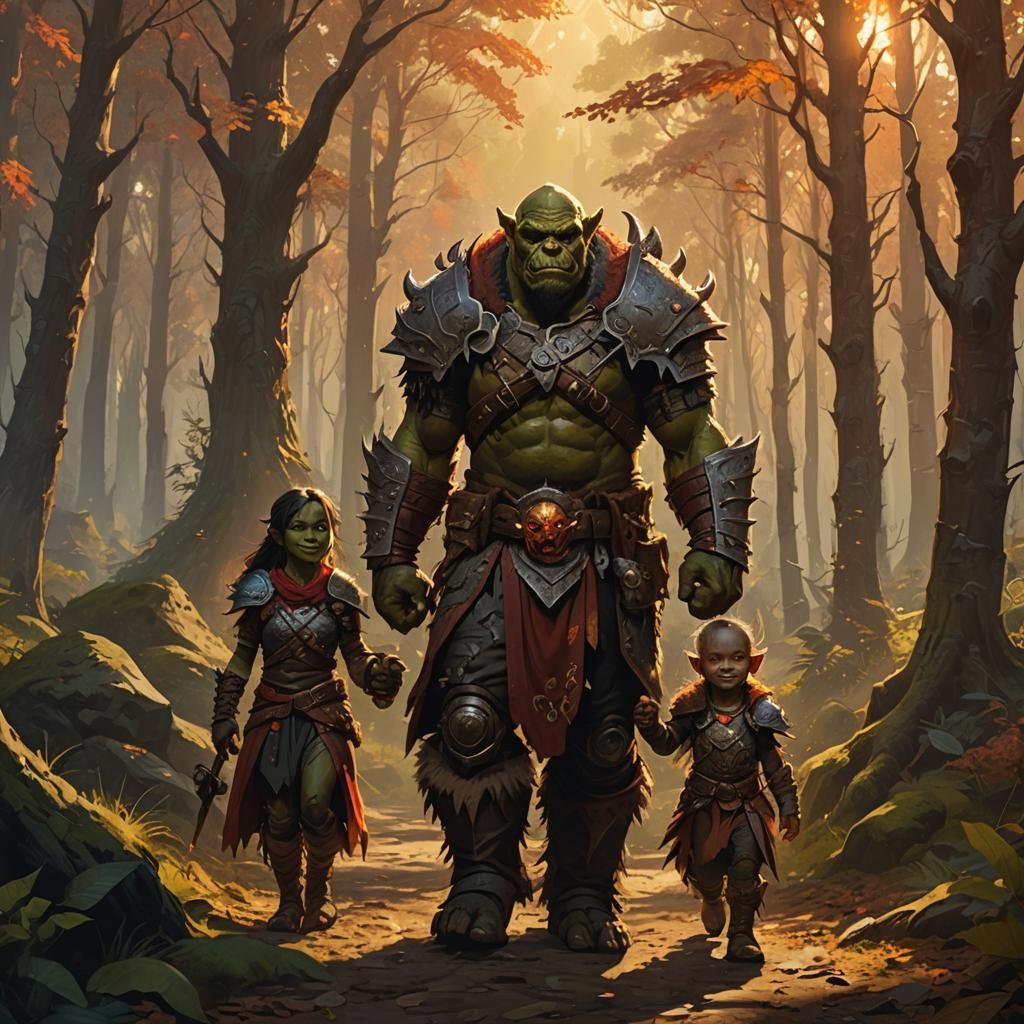 Happy Orc Family Forest Walk in Fantasy Style