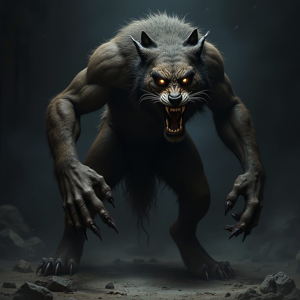 Fierce Tiger-Werewolf Hybrid with Glowing Eyes