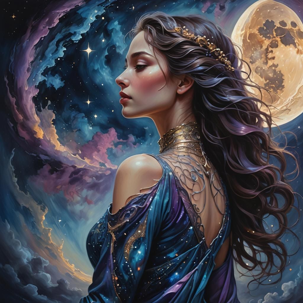 Woman Embracing Moon in Dark Sky Oil Painting