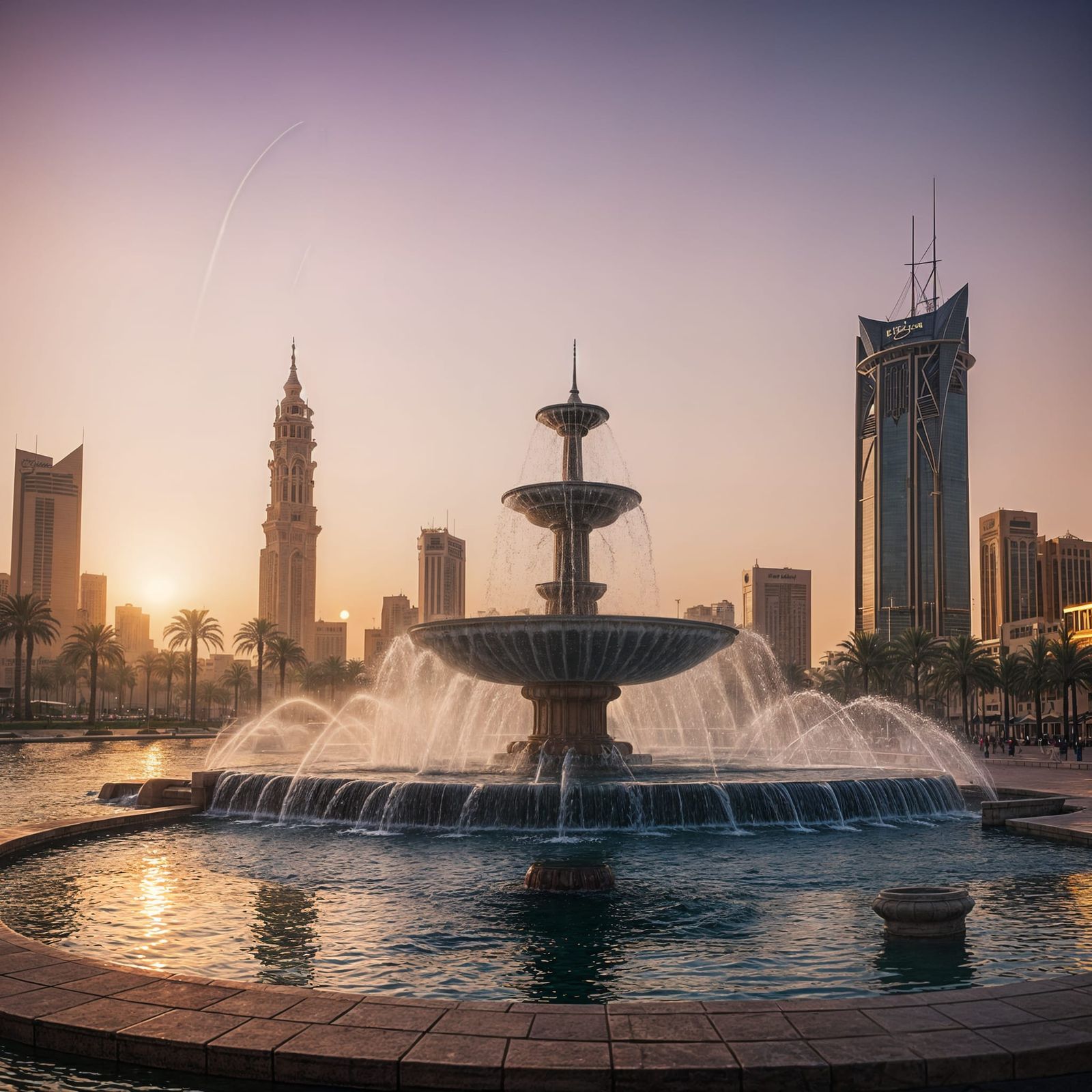 Jeddah Sunset Fountain: Dramatic Cinematic View