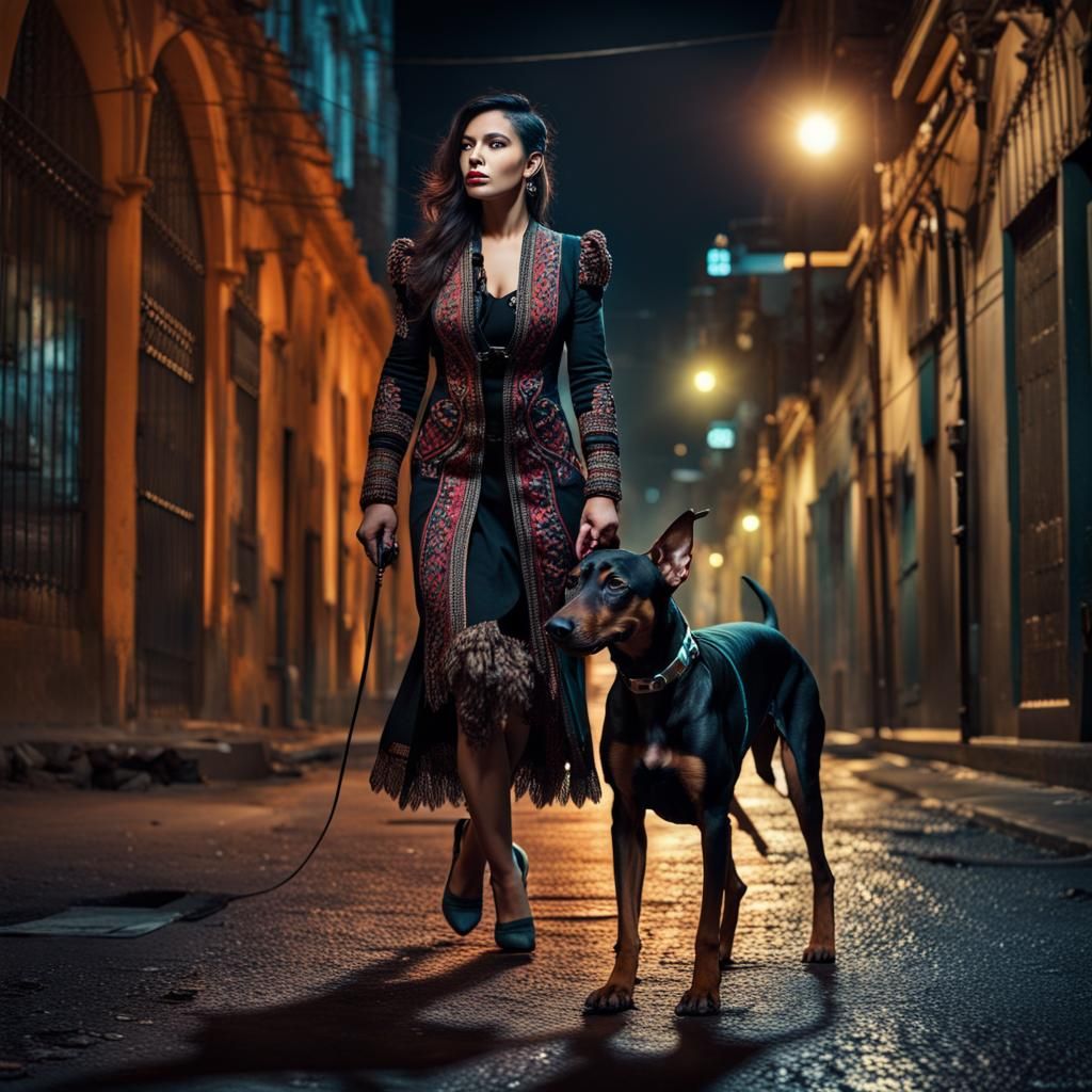 Elegant Woman and Doberman in Neon Gothic Mexico