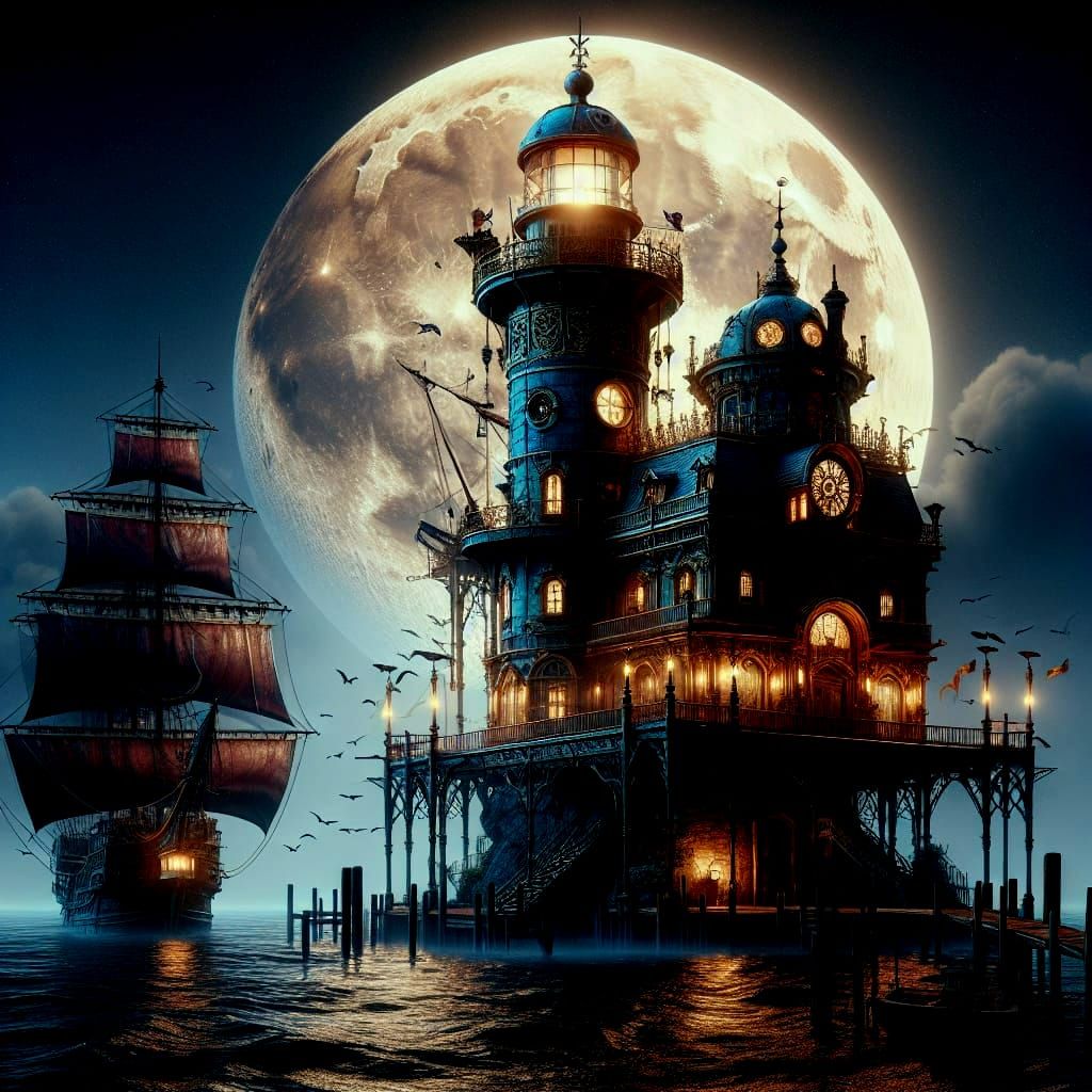 Steampunk Lighthouse at Moonrise: Fantasy Concept Art