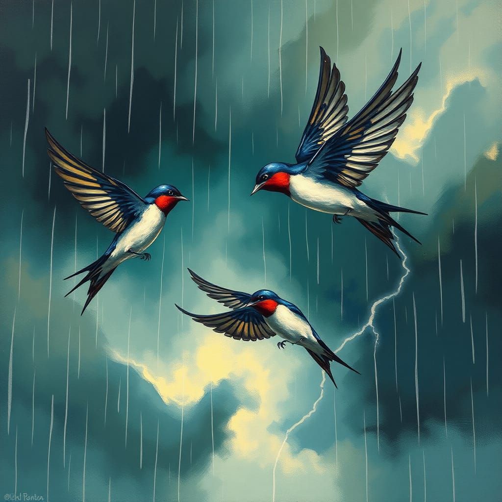 Swallows Dance in Storm, Impressionist Style