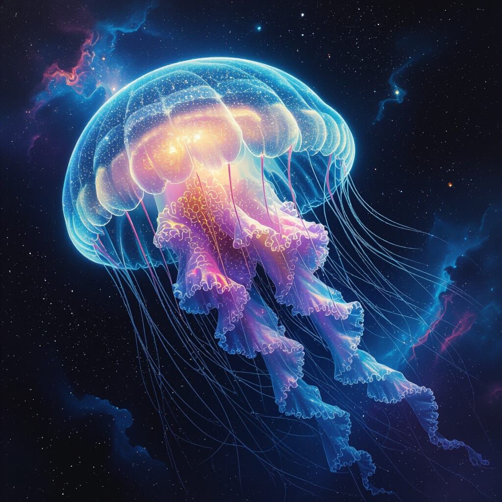 Cosmic Jellyfish Drifts Through Space with Stardust and Nebu...