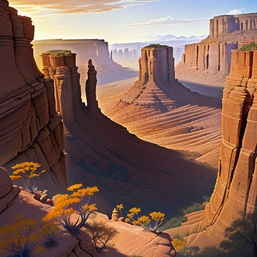 Vibrant digital concept art by Jacob Atienza. Medium shot aerial shot. A group in single file ride horseback through a d...