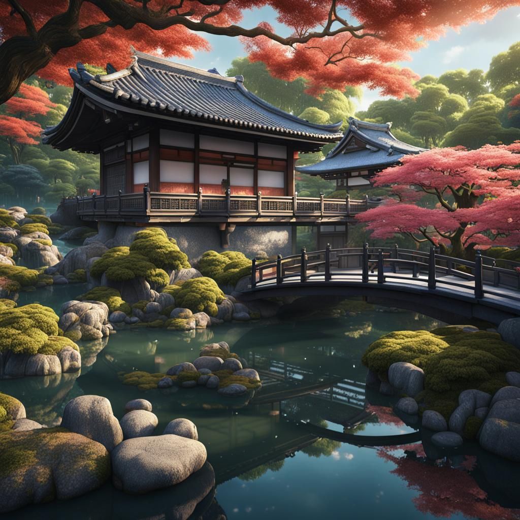 Beautiful Japanese Water Garden in Detailed Fantasy Style