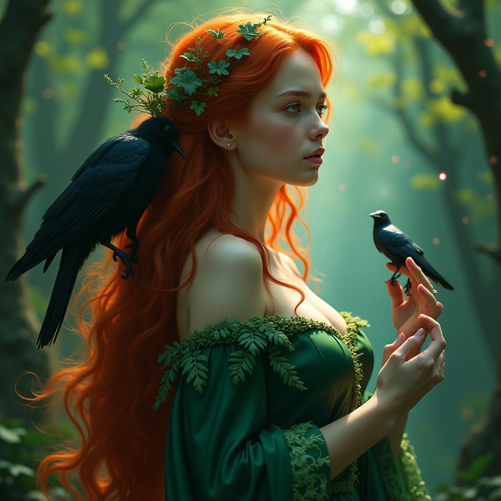 Mystical Red Haired Lady Entwined with Emerald Forest Magic