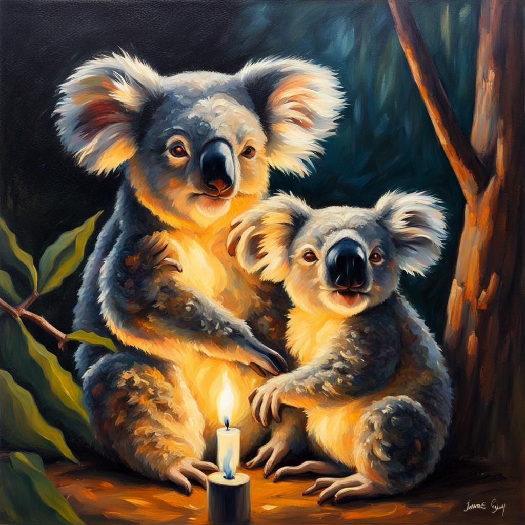 Koala Couple in Candlelight, Oil Painting Style