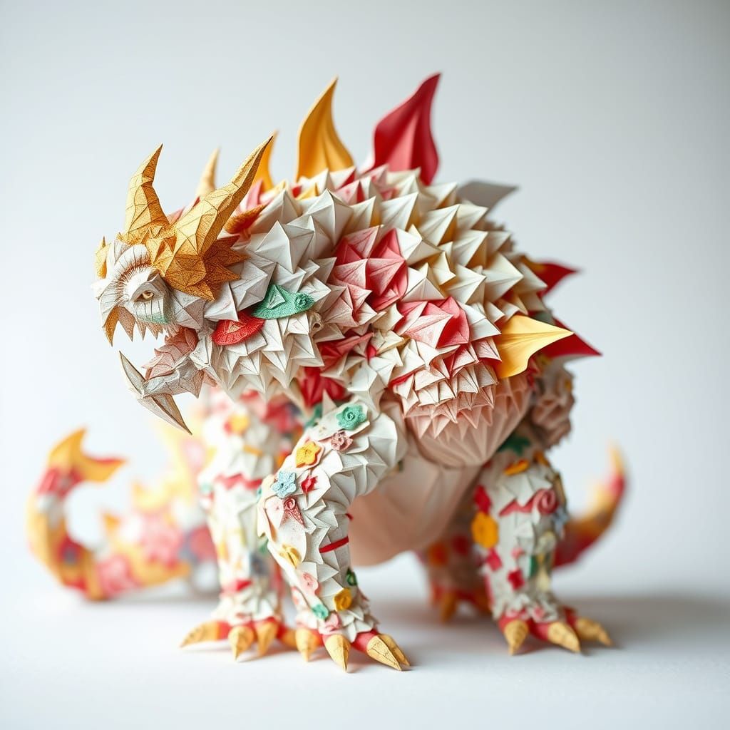 Whimsical Origami Monster in Ancient Papercraft Style
