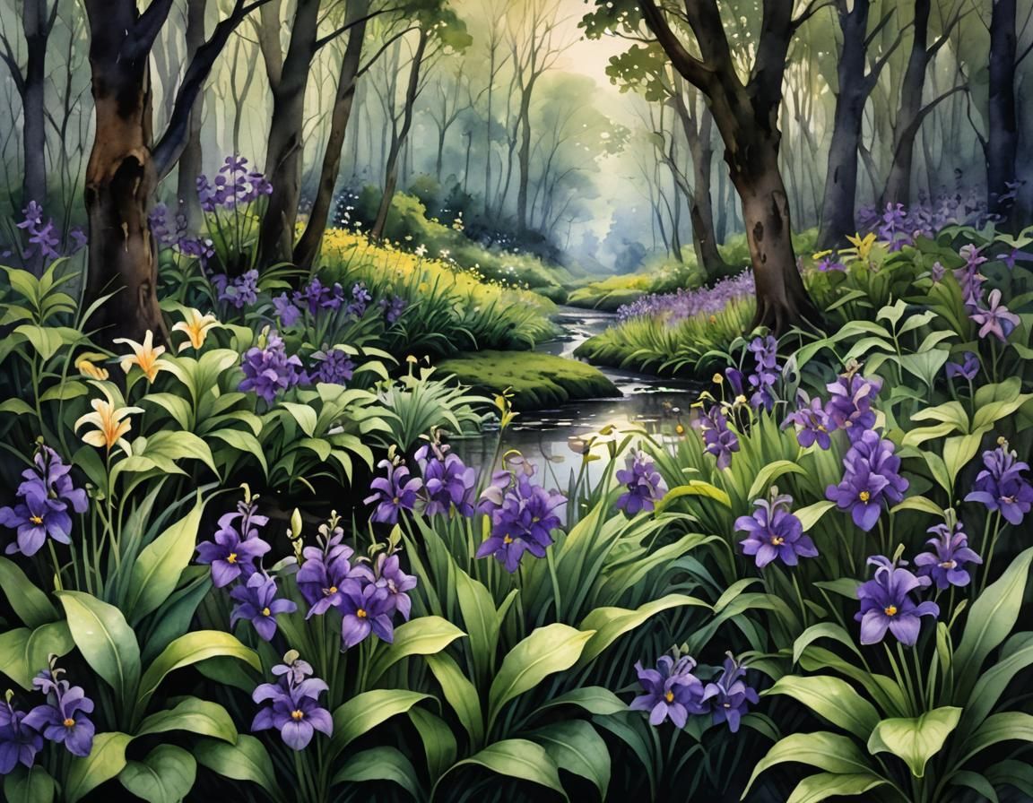 Lush Violet and Lily Grove Watercolor Painting
