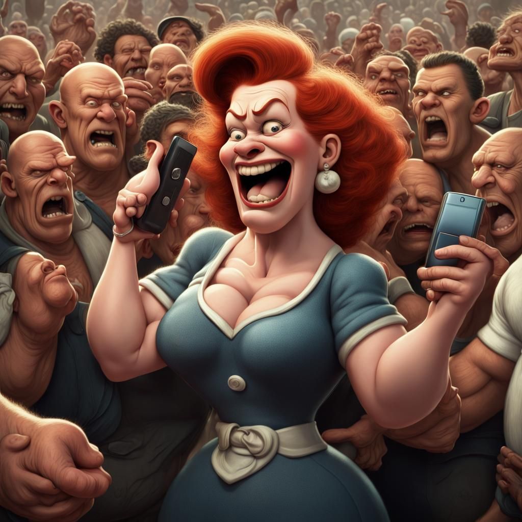 Angry Redhead Caricature Surrounded by Laughing Men