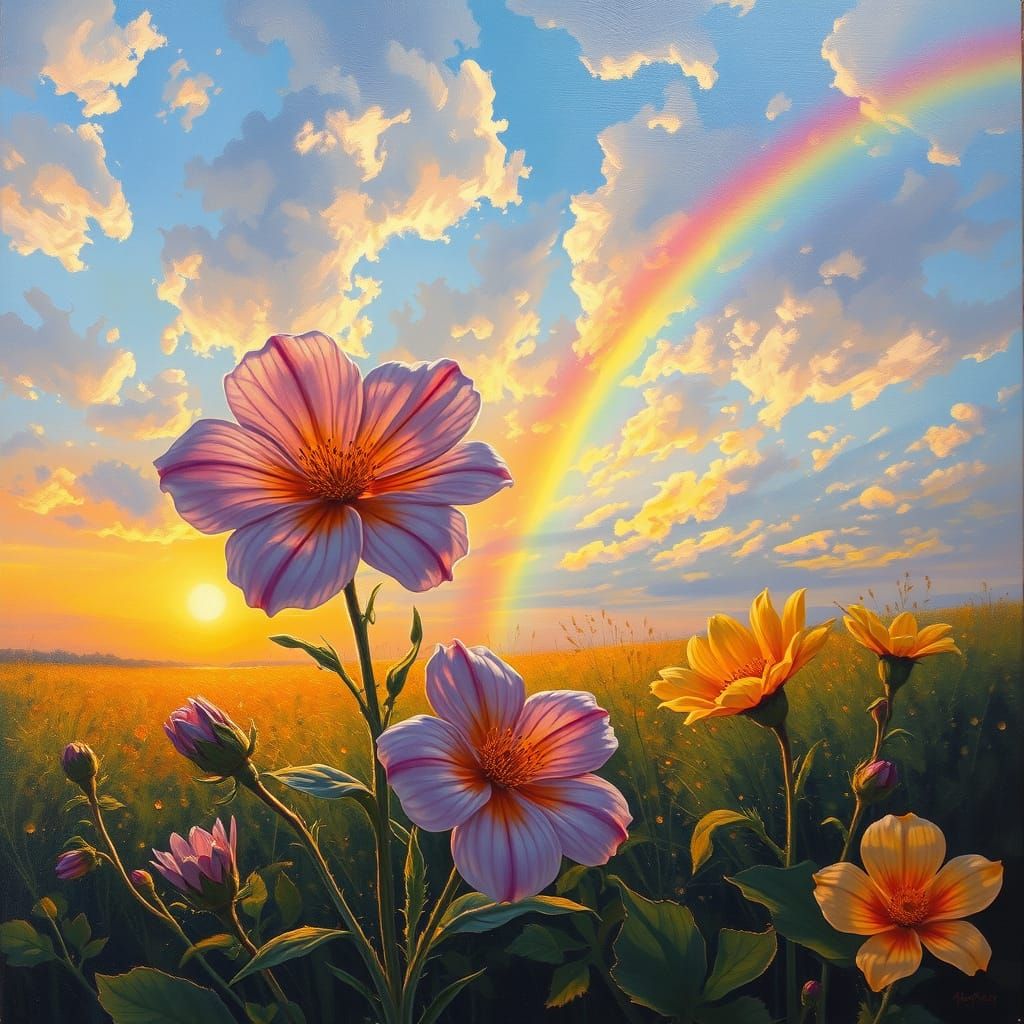 Vibrant Oil Painting of Sunset with Blooming Flowers and Wat...