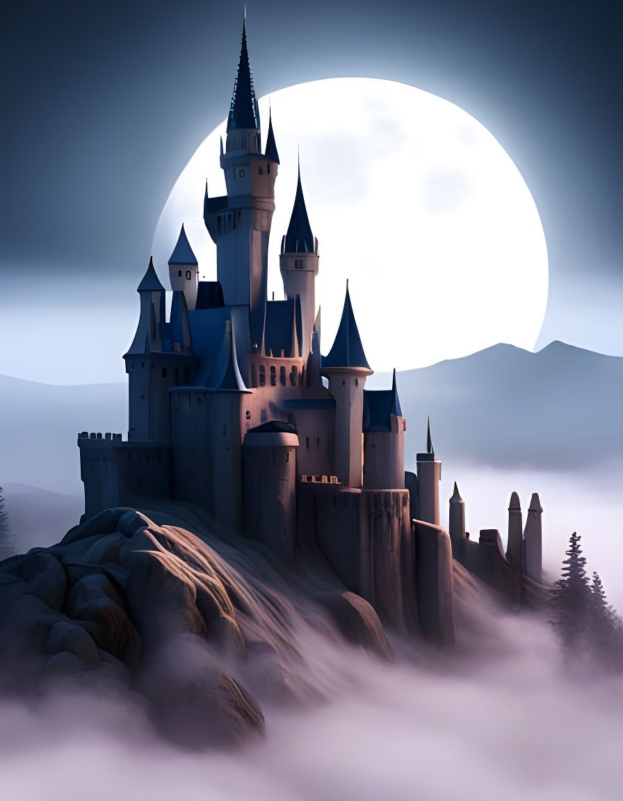 Magical Ghost Castle on Misty Mountain in Dark Fantasy