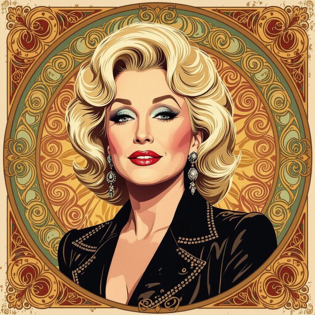 Dolly Parton Portrait in Art Nouveau and Tachisme Style