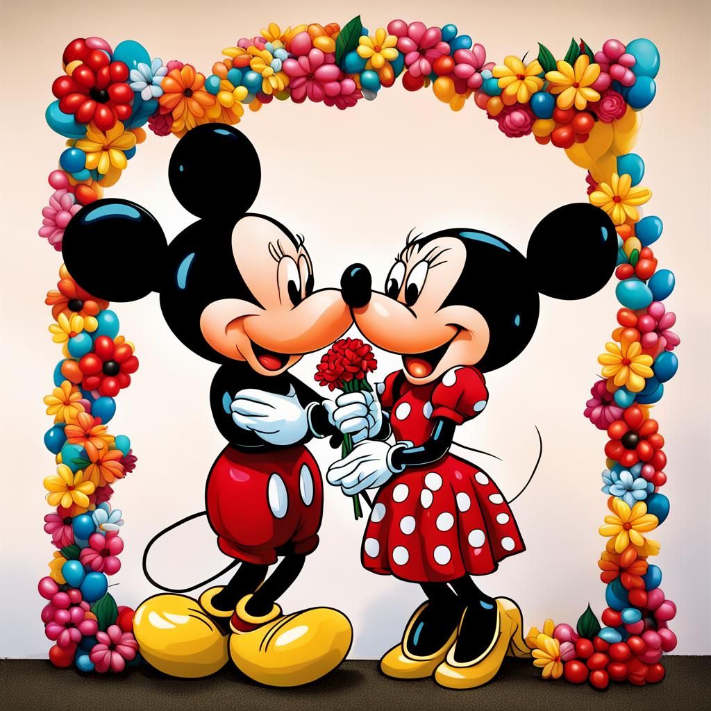 Balloon Animal Mickey Mouse Giving Flowers to Minnie