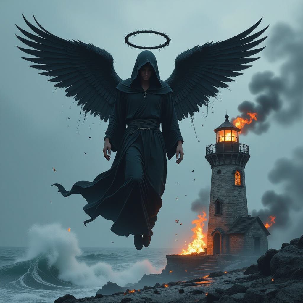 Dark Angel Over Burning Lighthouse in Chiaroscuro