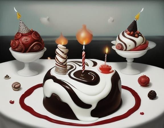 Surreal Whimsical Birthday Cake in 3D CGI Style