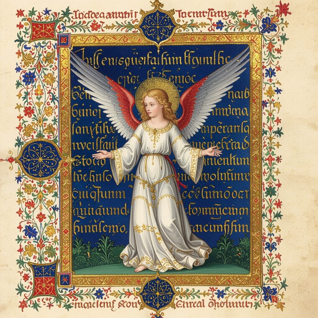 Medieval Illuminated Manuscript Page with Angelic Being