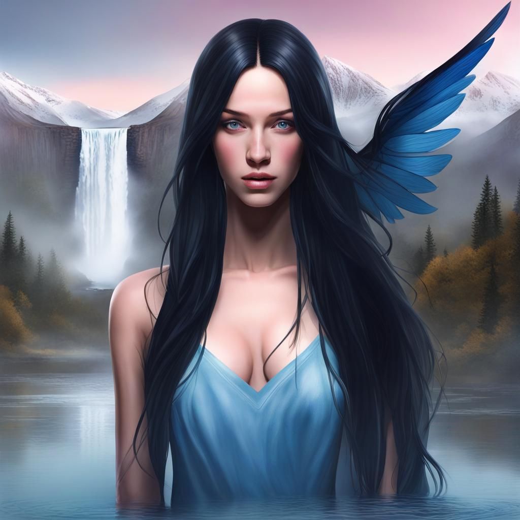 Ethereal Water Nymph in Misty Mountain Landscape
