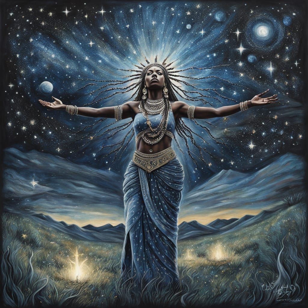 African Priestess Performing Ritual Under Stars