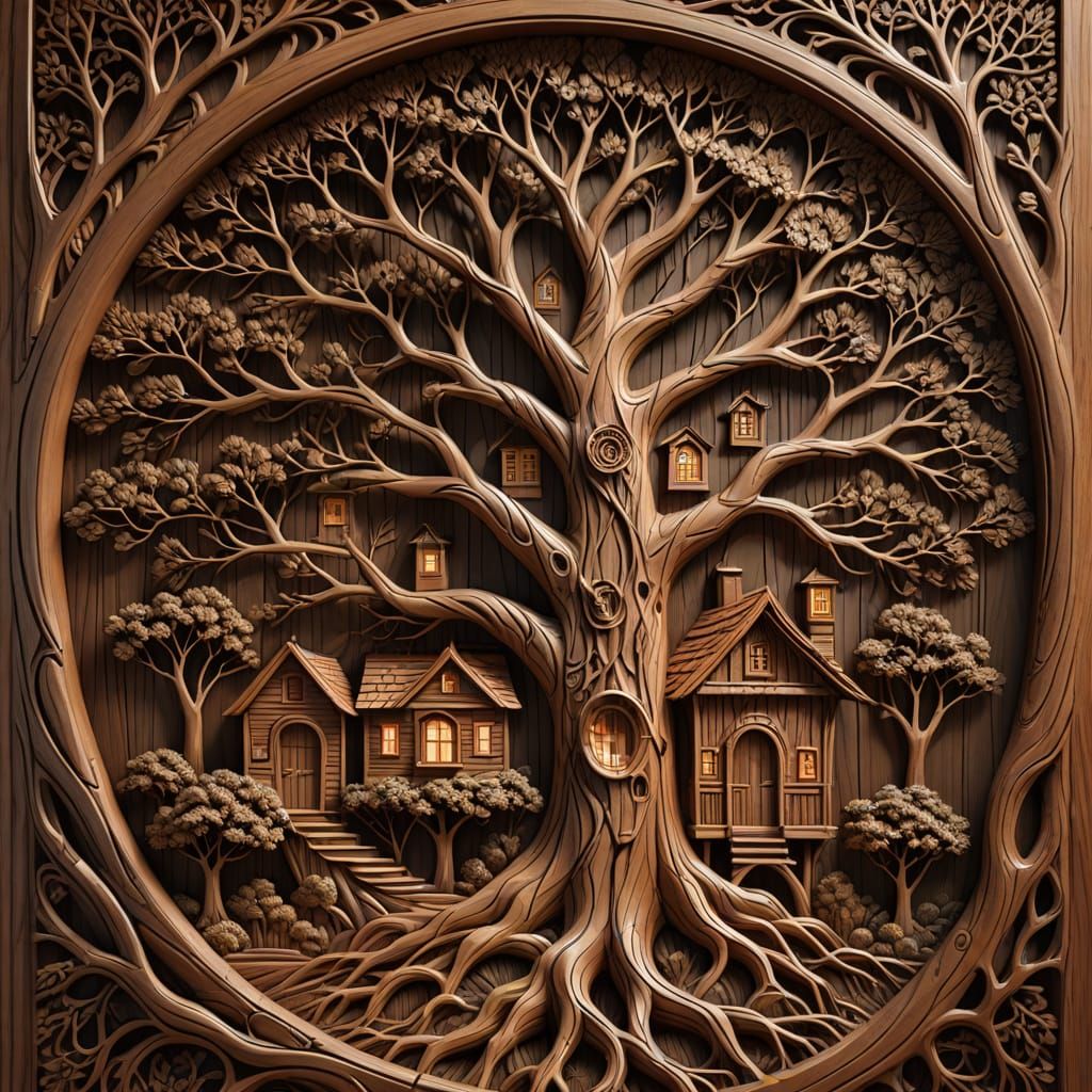 Intricate Carved Tree Wall Art with House