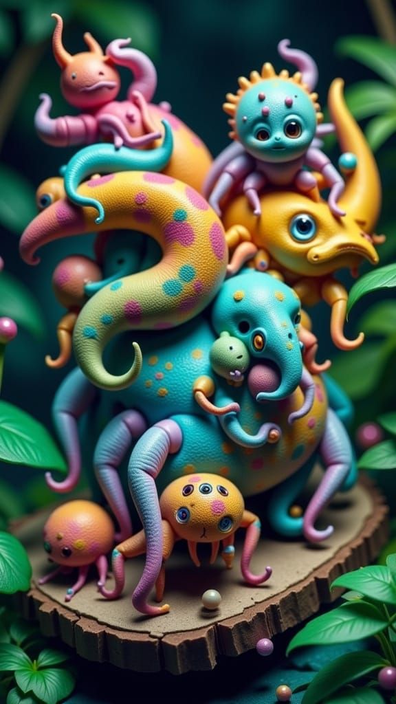 Vibrant Spider-Octopi Ride Colorful Dinosaurs in Whimsical L...