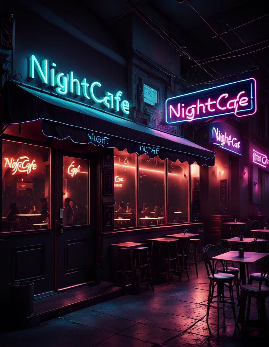 A atmospheric stunning dark chill vibe nightcafe neon light sign saying "Nightcafe" artistic music vibe electric talente...