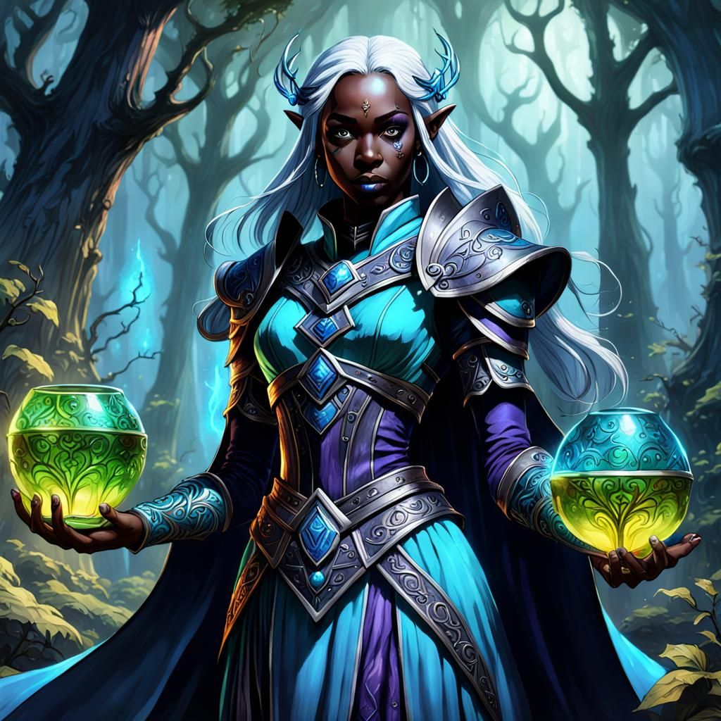 Drow Cleric Casting Beautiful Spells in Magical Glade