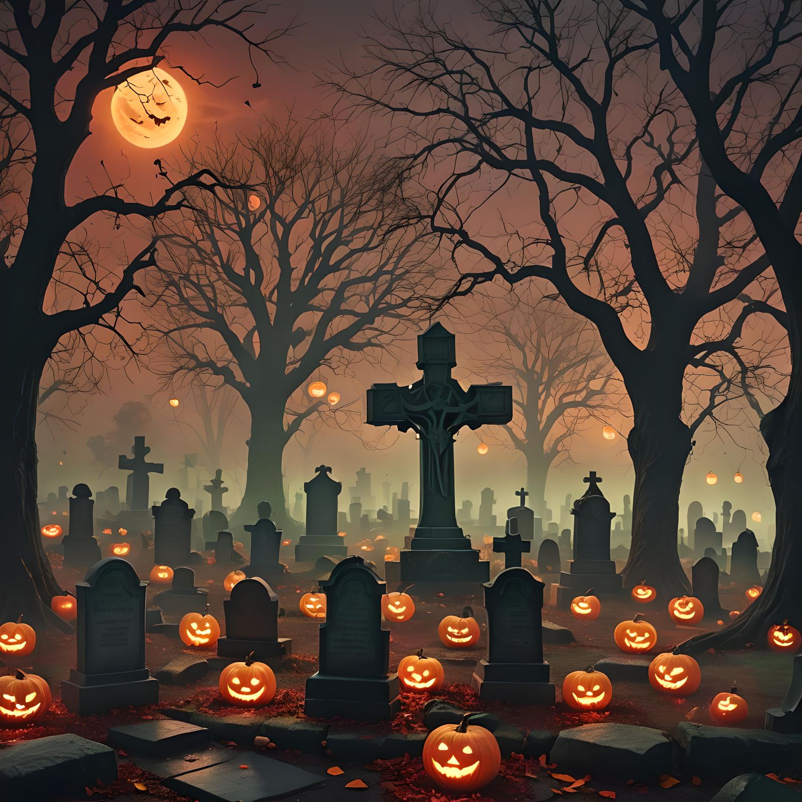 Halloween Graveyard Scene with Jack O' Lanterns