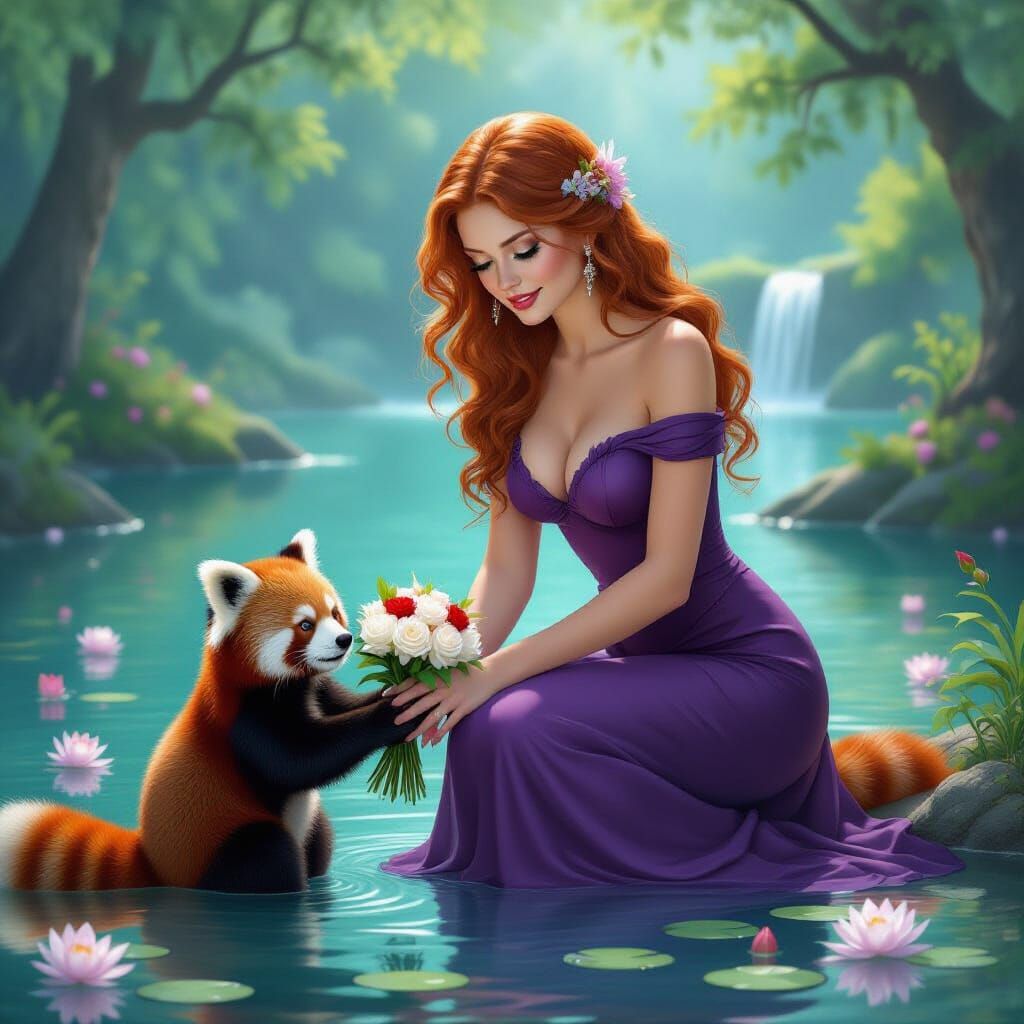 Red-Haired Woman Receives Roses from Upright Red Panda