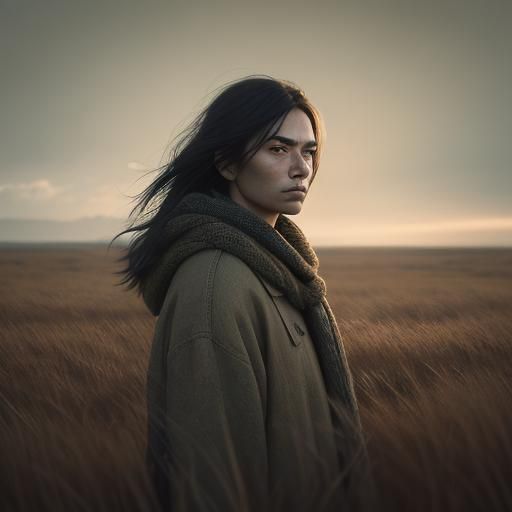 Lone Figure in Winter Grassland: Cinematic Portrait