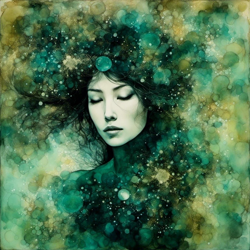 Woman in Cosmos: Liquid Ink Watercolor Art