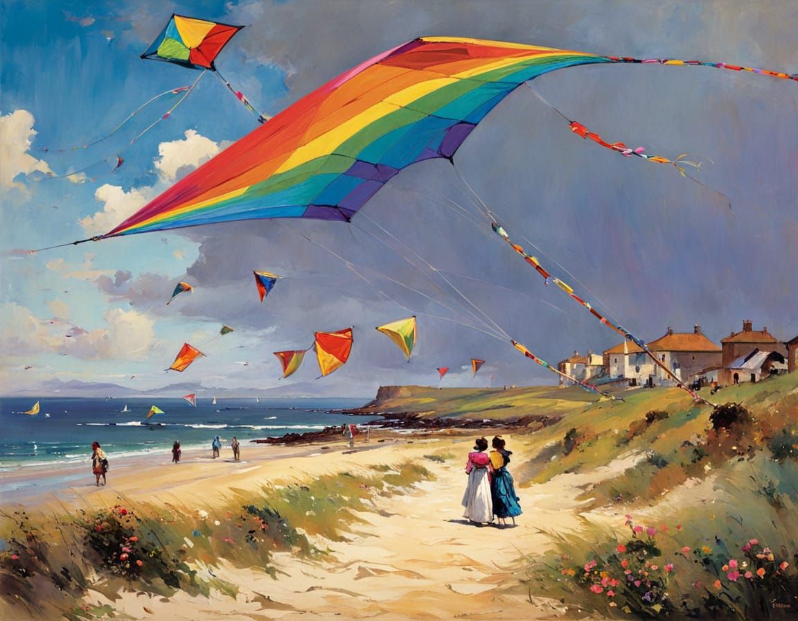 Surreal Kites Dance in a Vibrant Beach Scene