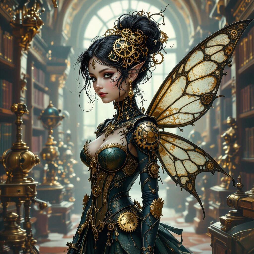 Clockwork Fairy in Steampunk Library: Surreal Automaton Art
