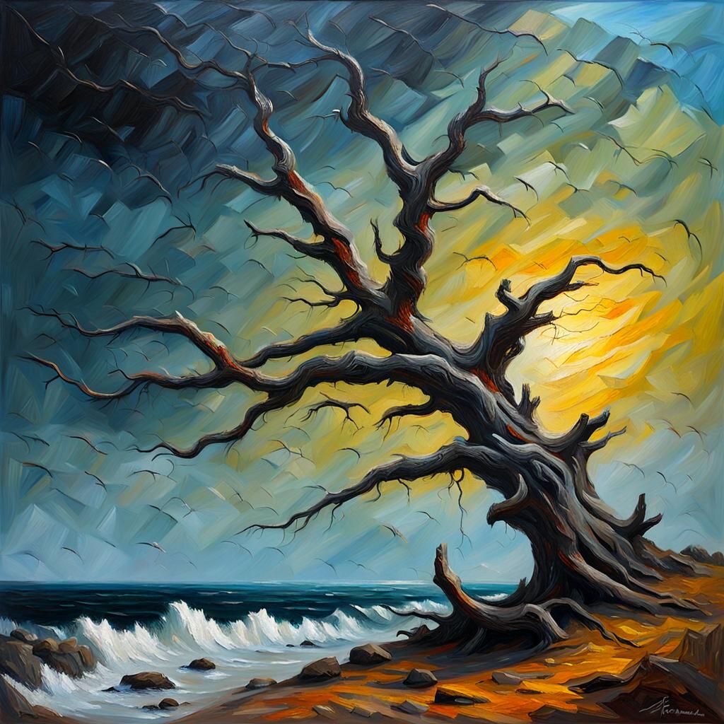 Dramatic Coastal Tree in Dark Impasto Style