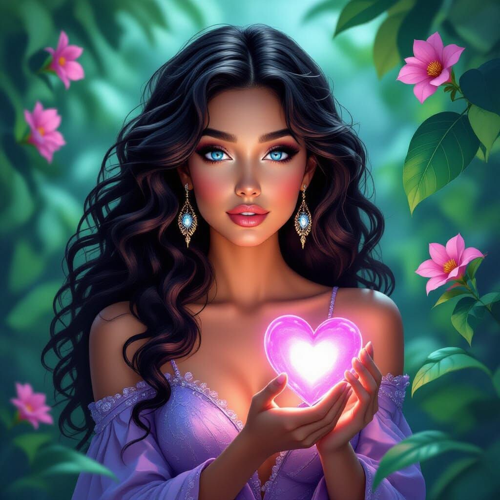 Woman Holds Glowing Heart in Mystical Tropical Garden