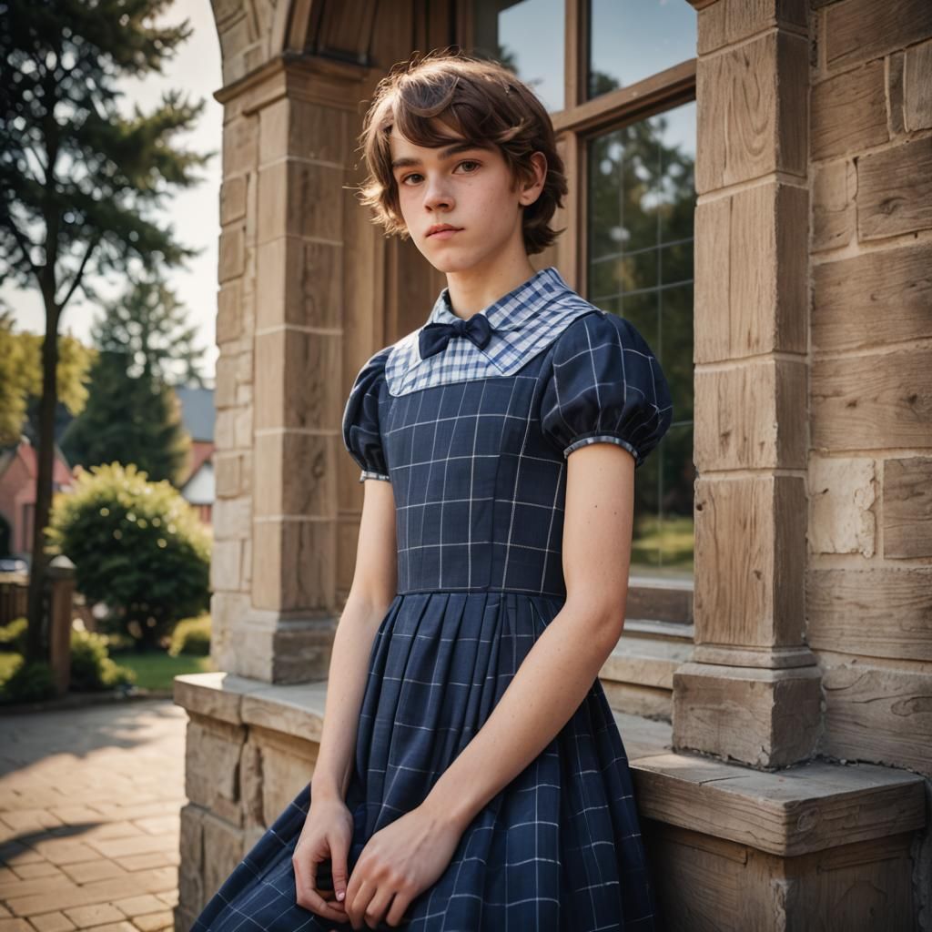 Young Person in Dress Posing on Church Porch