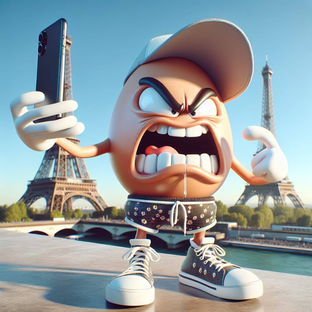 Furious Cartoon Egg Selfie at the Eiffel Tower