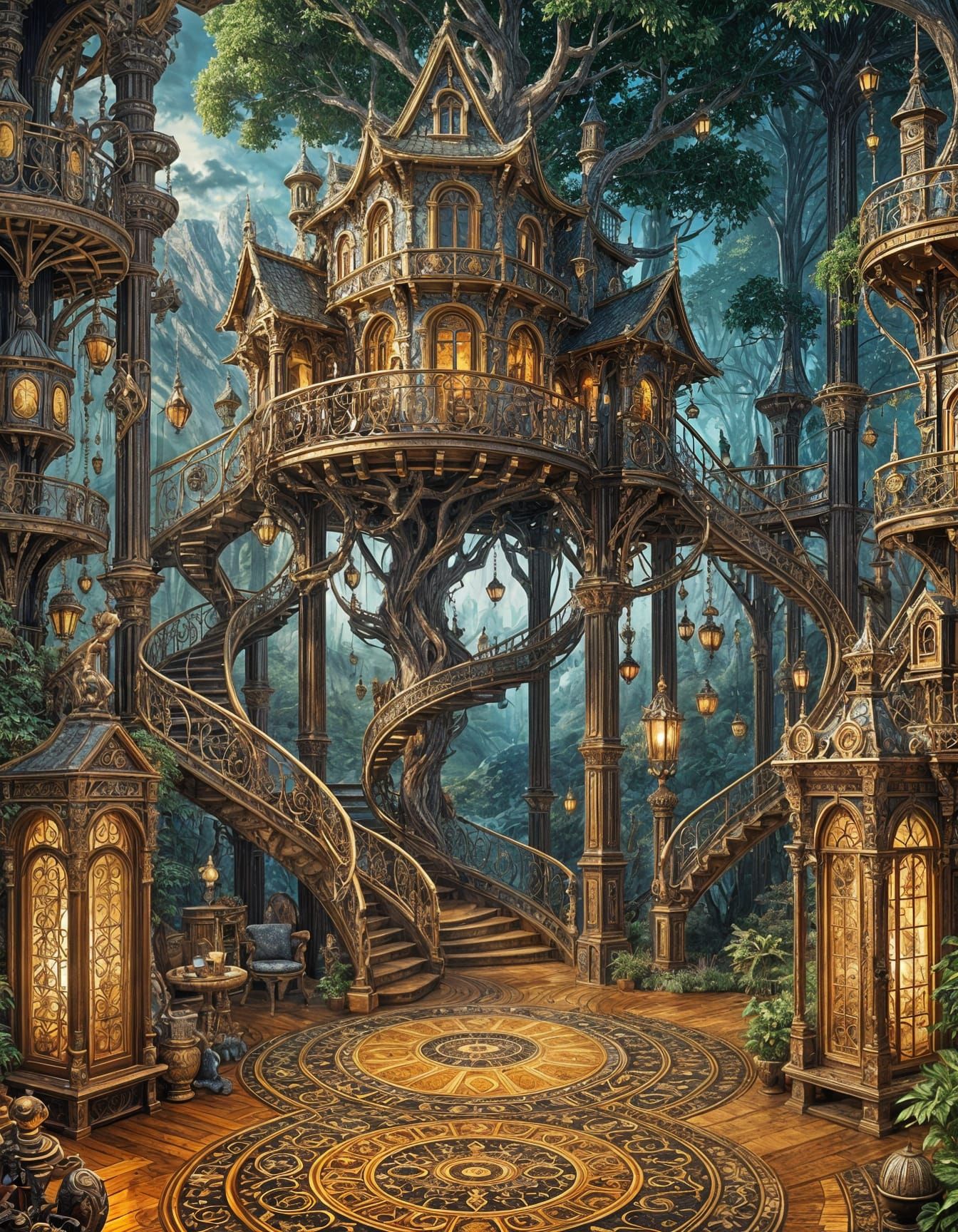 Surreal Steampunk Treehouse in Opulent Fantasy Style