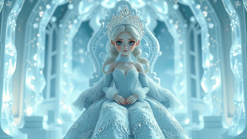 Hyperrealistic Ice Queen BJD Doll in Grand Frozen Palace