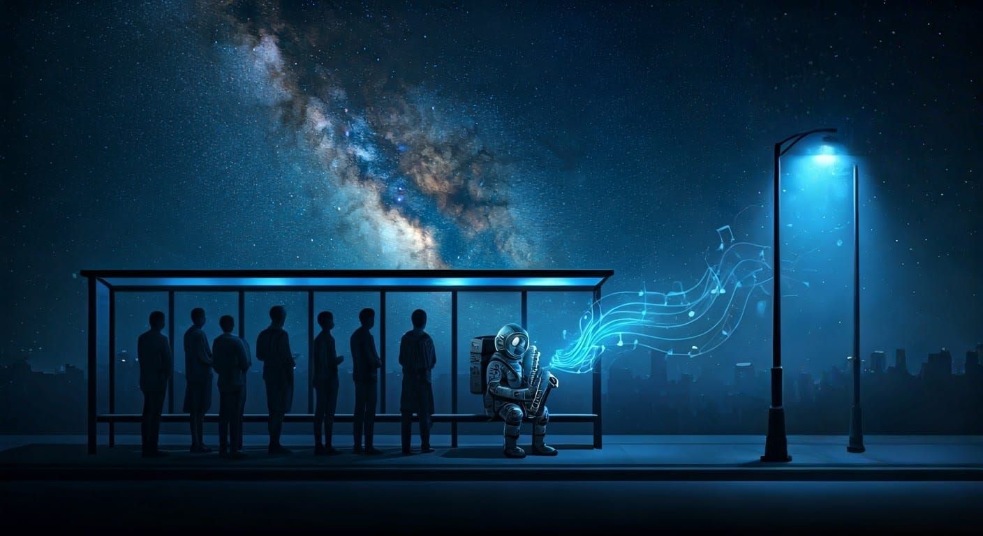 Astronaut at City Bus Stop at Night